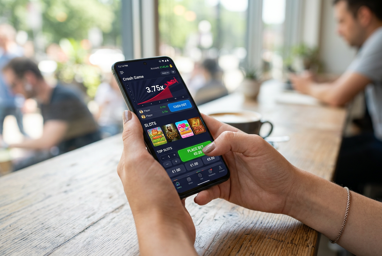 Smartfon wyświetlający różnorodne gry kasynowe typu low-stakes, w tym Aviator i sloty o niskiej zmienności
